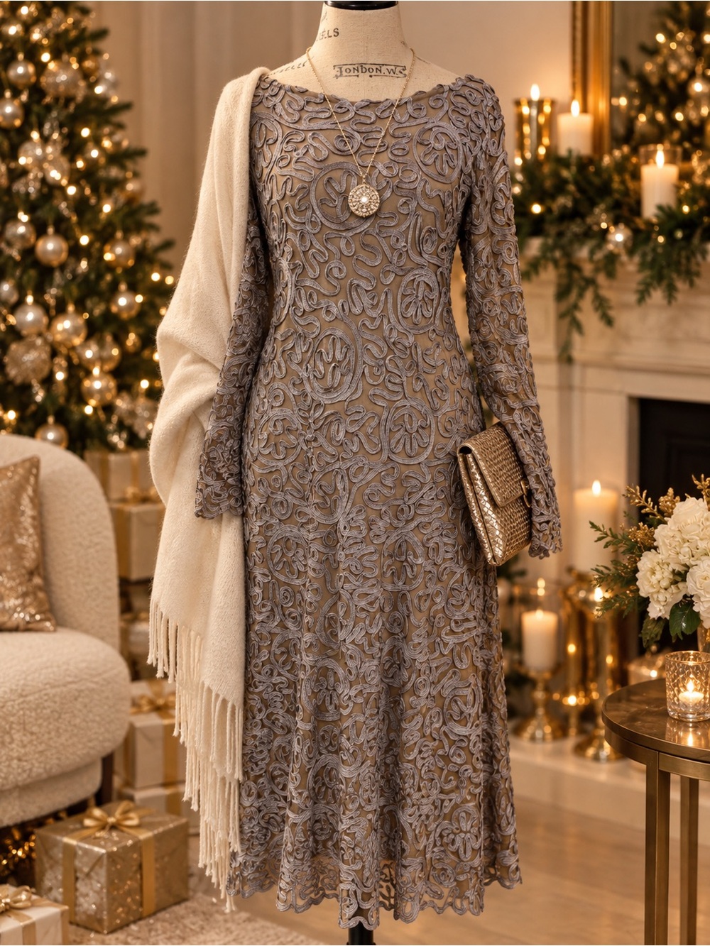 Sundance taupe dress with gray embroidered overlay